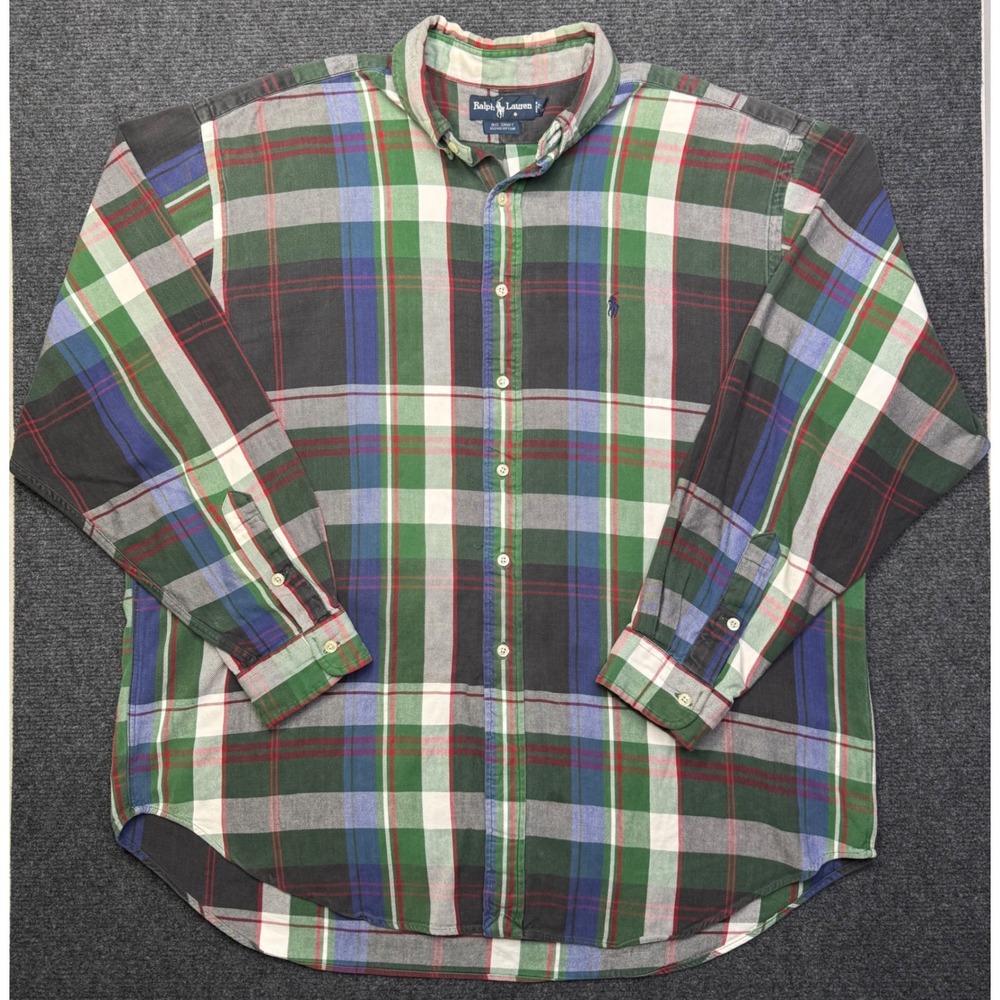 Ralph Lauren Big Shirt Mens XL Green Plaid Flannel Button Down‎ Cotton 90s Vtg